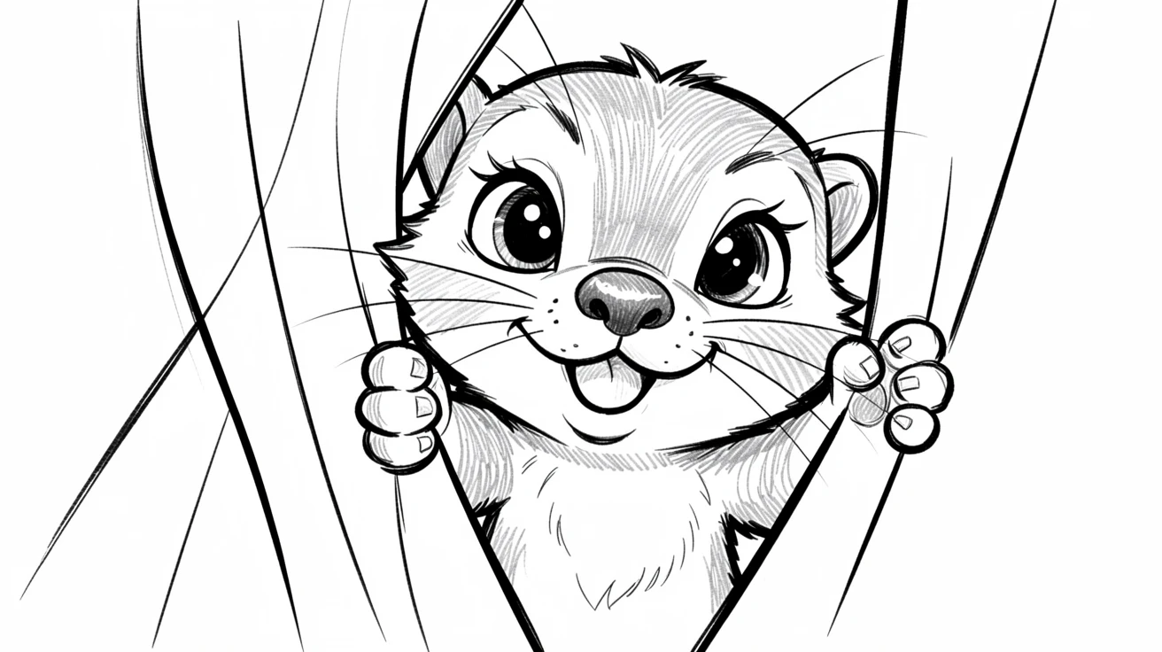 [Cute Animals & Pets] Adorable scene of a spirited baby otter hiding behind a curtain, bursting with charm and playful energy