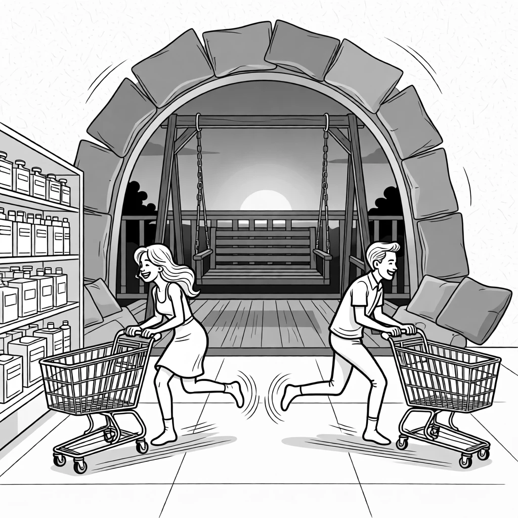 A couple racing each other down a grocery aisle with carts, spinning slowly in socked feet across the tile, set on a creaky porch swing at dusk. Couch cushions form a lopsided, collapsing archway. The image glows with easy, unforced affection.