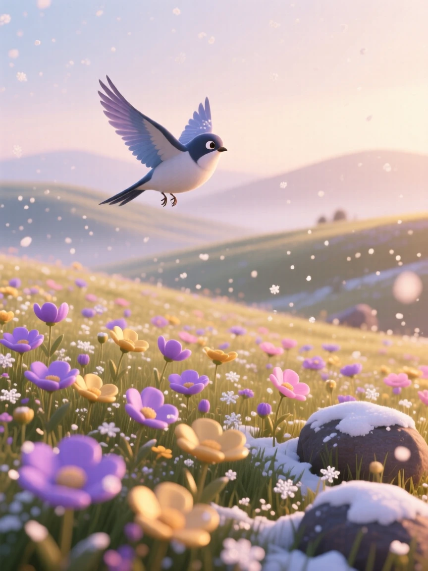 A field of wildflowers glows while a light snow begins to dust the landscape, with a lone bird gliding silently overhead. A calming stillness settles over the landscape.