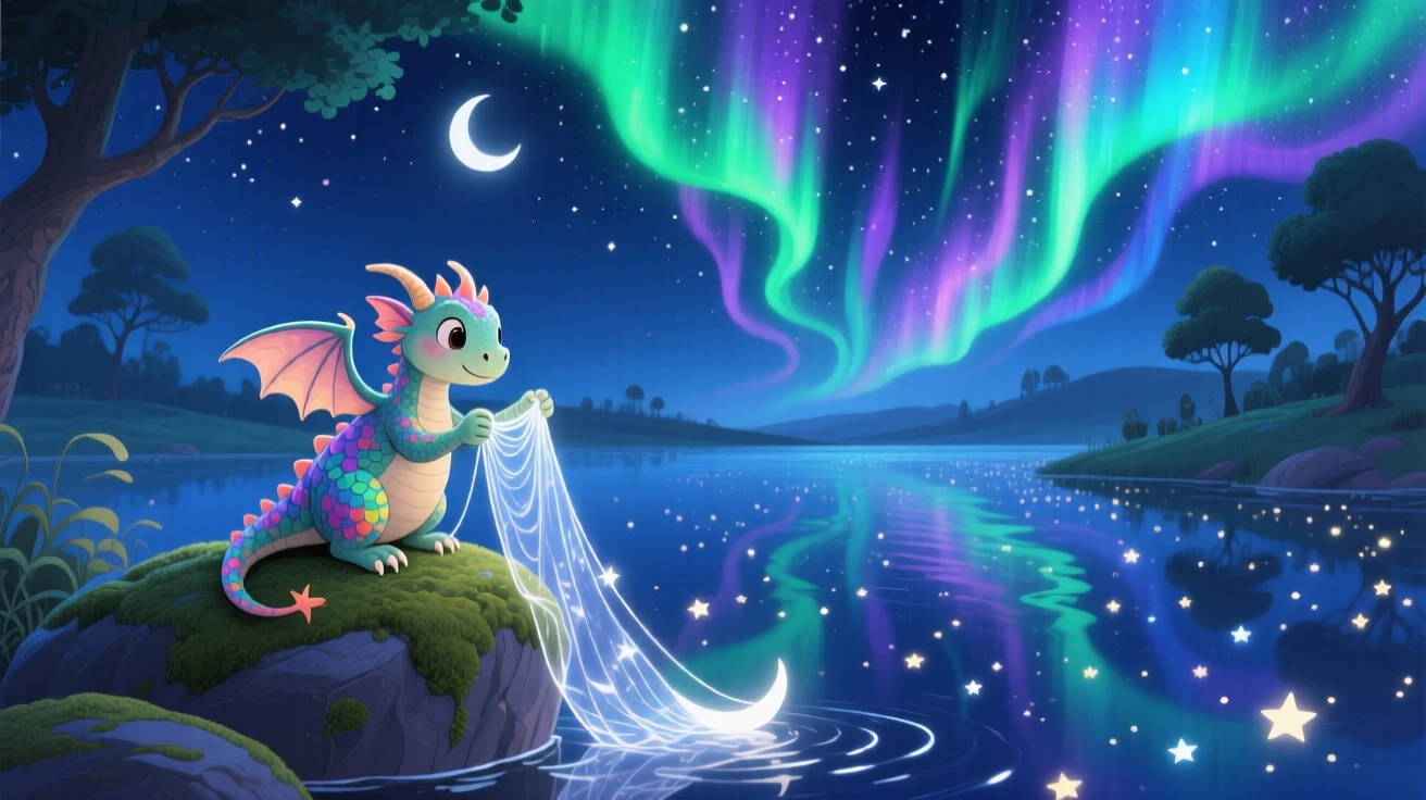 A small dragon with tiny wings pauses from weaving a cloak out of moonbeams to marvel at a starlit lake, as the northern lights ripple overhead.