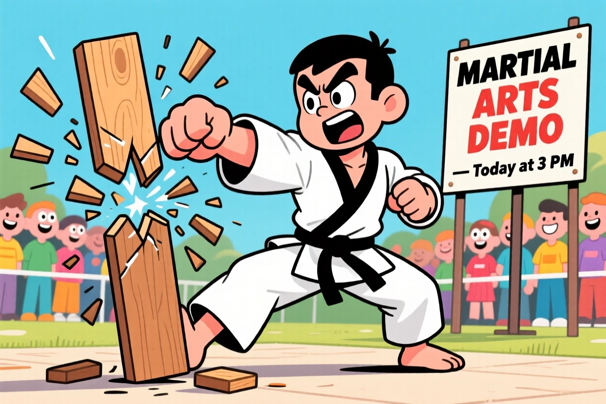 A martial artist breaking a wooden board at a demonstration.