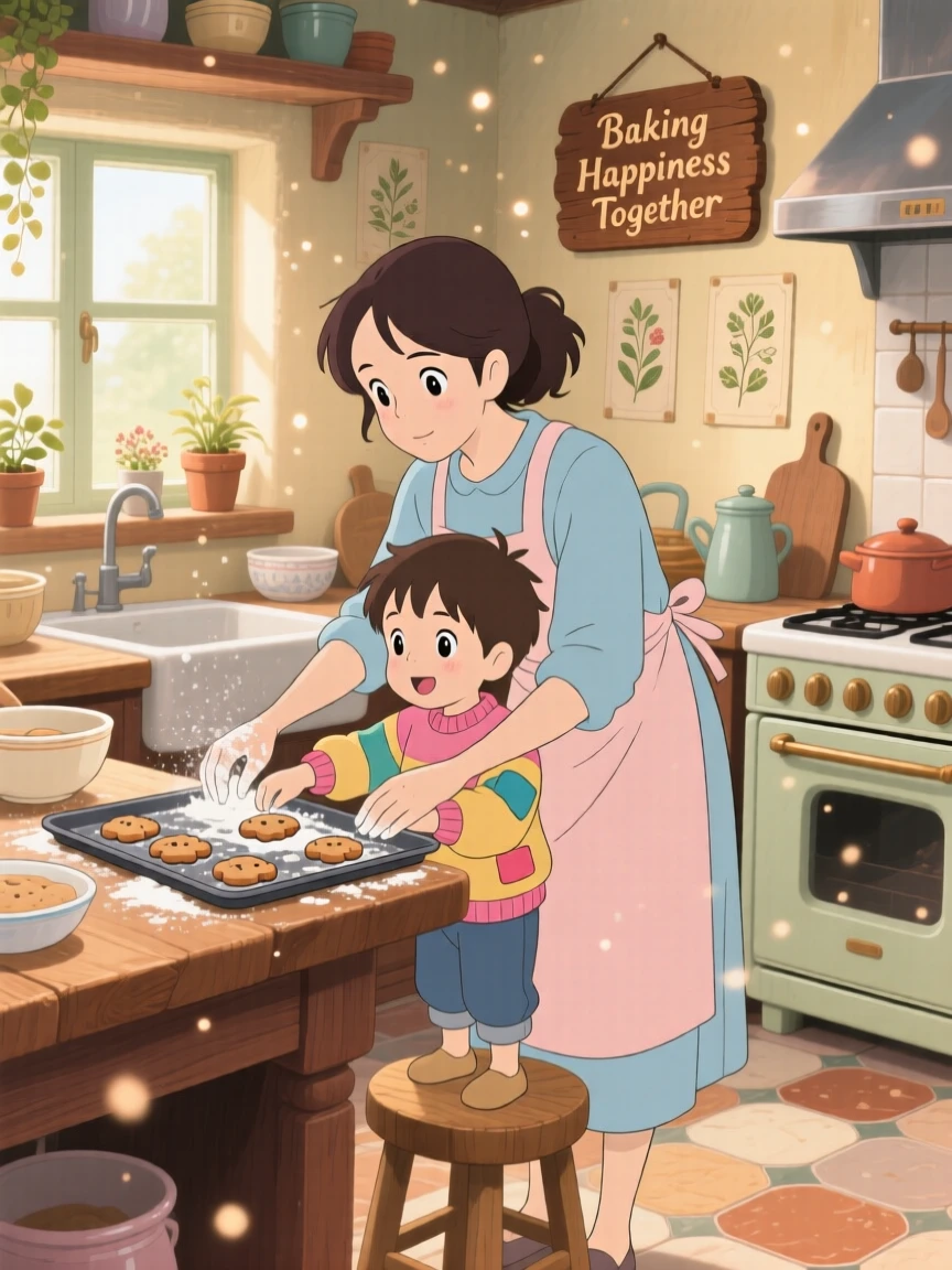 A mother and child baking cookies together in the kitchen, the scene peacefully content.
