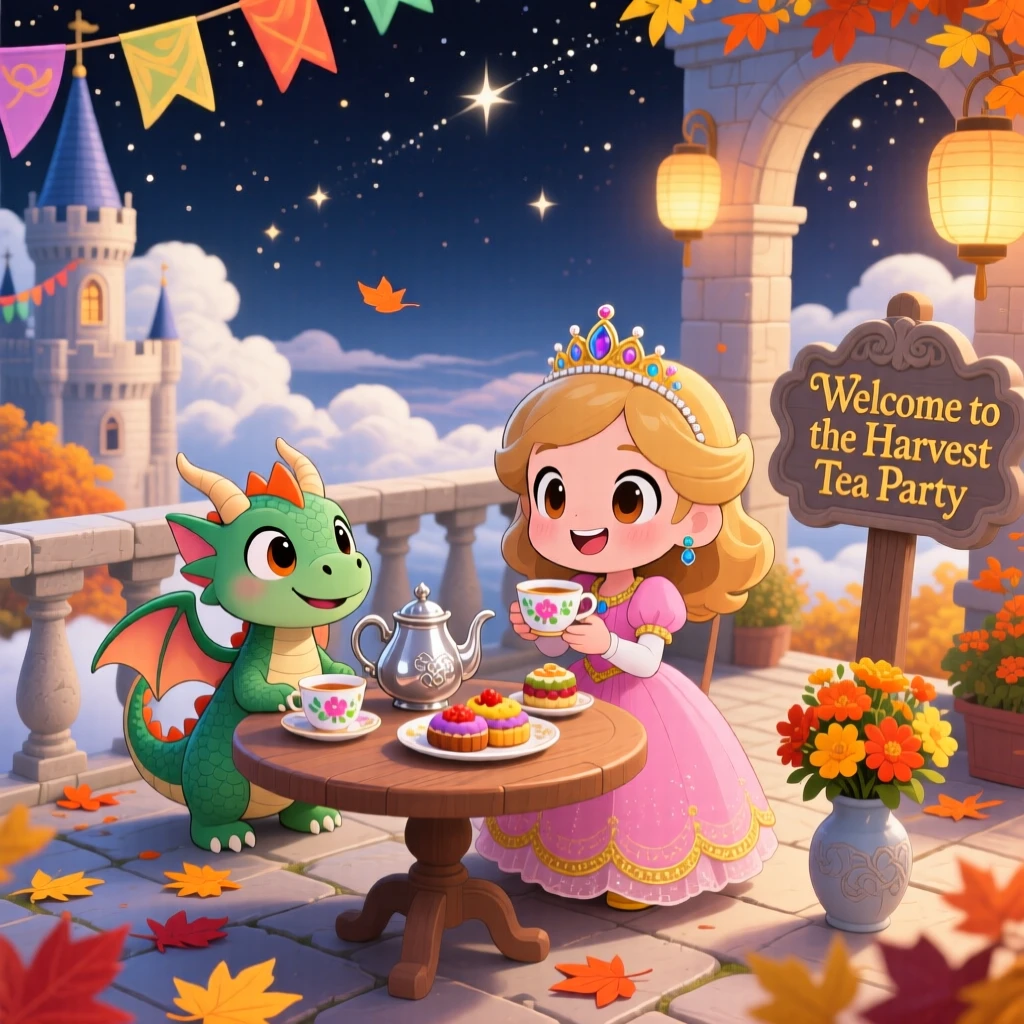 A young princess and her dragon friend having tea on a castle rooftop, framed as a dynamic diagonal composition within a cloud-level castle terrace, during golden autumn harvest season, glowing under sparkling starlight, evoking delighted joy.