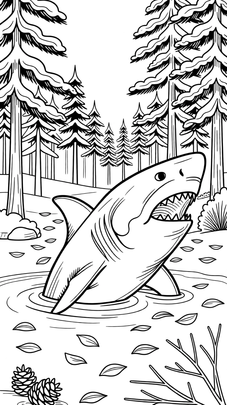 A great white shark emerging from a snowy pine forest, surrounded by a scattering of fallen petals.