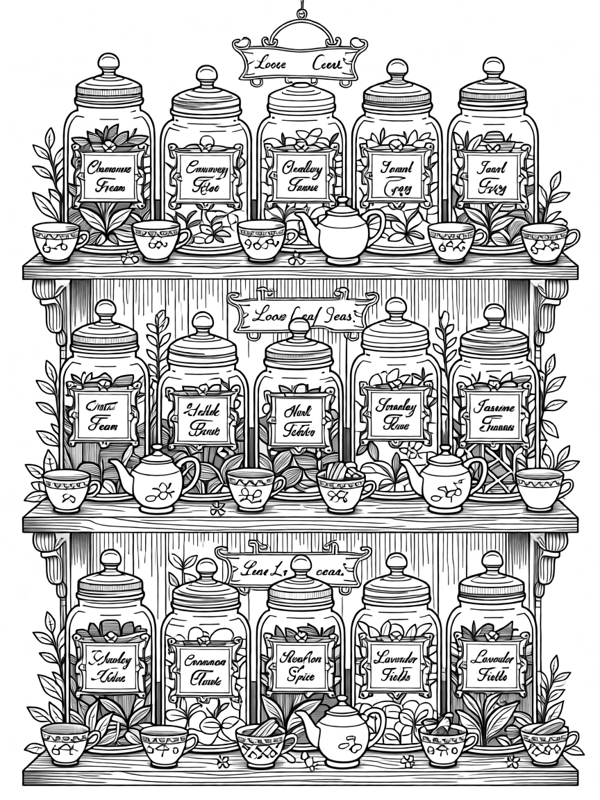 A tea shop shelf lined with labeled jars of loose-leaf blends.