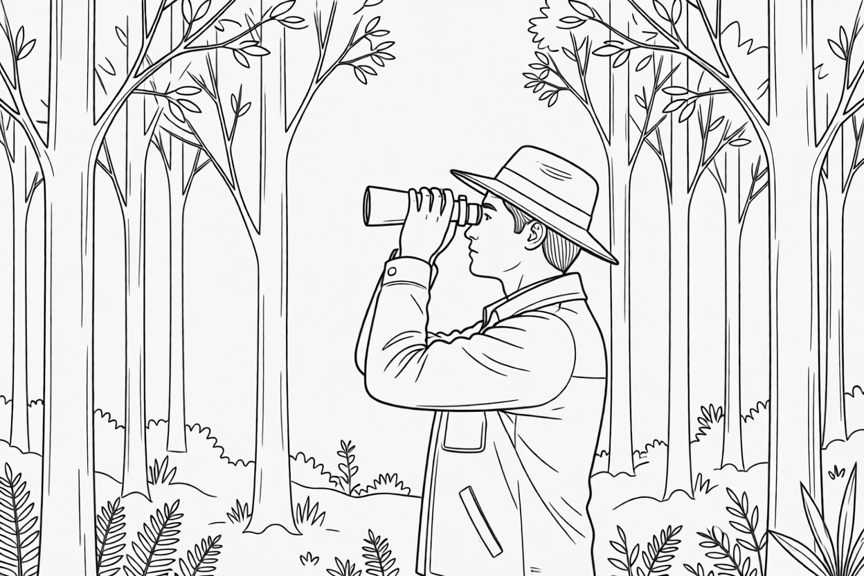 A birdwatcher observing through binoculars in a forest