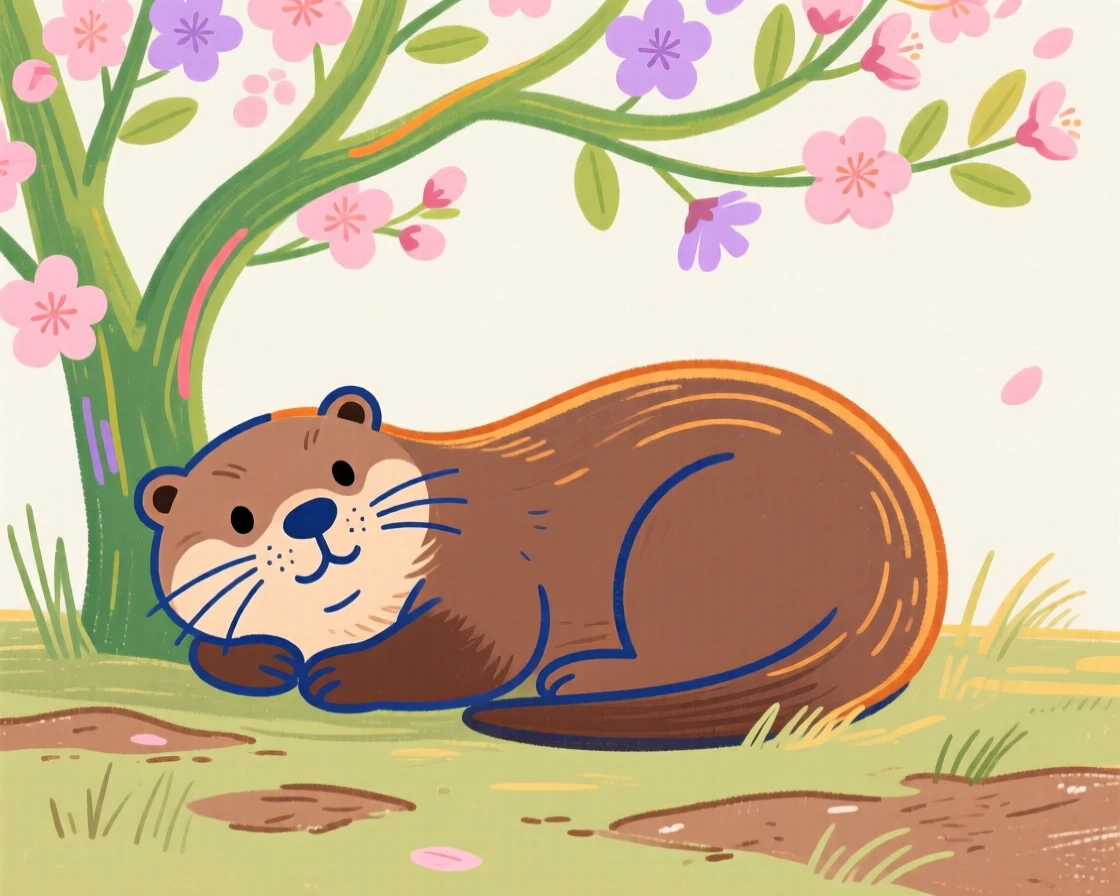 A playful otter curled up together under a blossoming tree on a quiet summer afternoon.