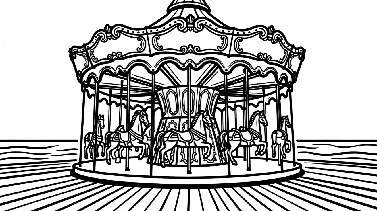 A grand old carousel pavilion with ornate carved horses at a seaside boardwalk.