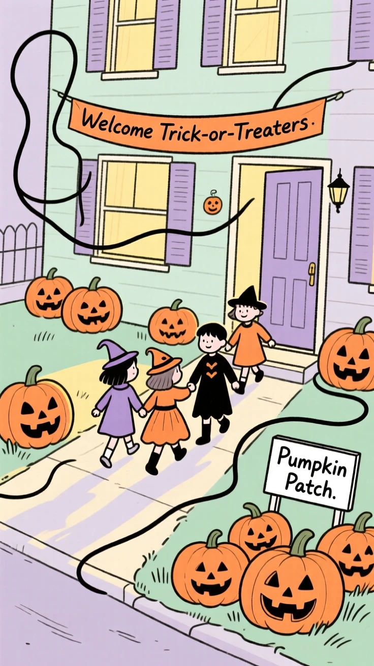 Children trick-or-treating along a street lined with jack-o'-lanterns.