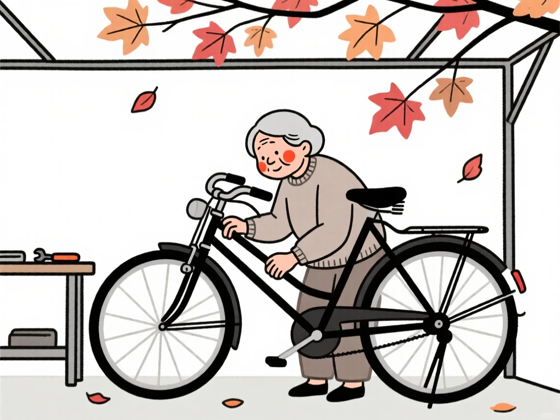 An elderly woman restoring an old bicycle in a garage, under a canopy of autumn leaves.