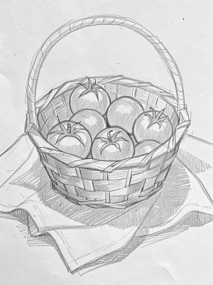 An appetizing still life of a basket of sun-ripened tomatoes atop a linen tablecloth, with soft natural light highlighting every texture.