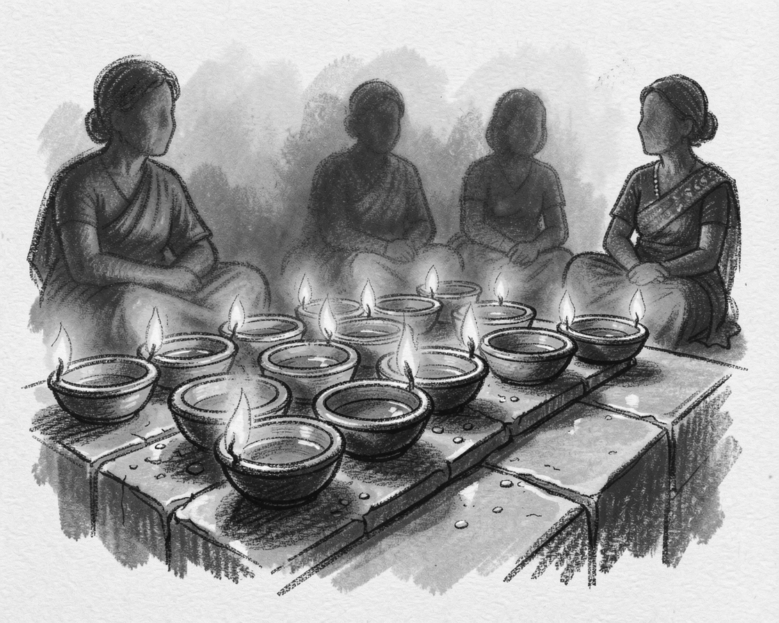 A Diwali celebration with rows of glowing oil lamps, in a moment of quiet togetherness.