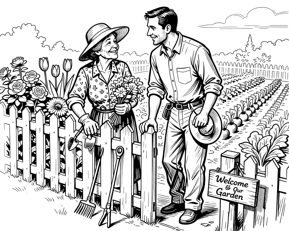 Neighbors chatting over a picket fence while tending their gardens.