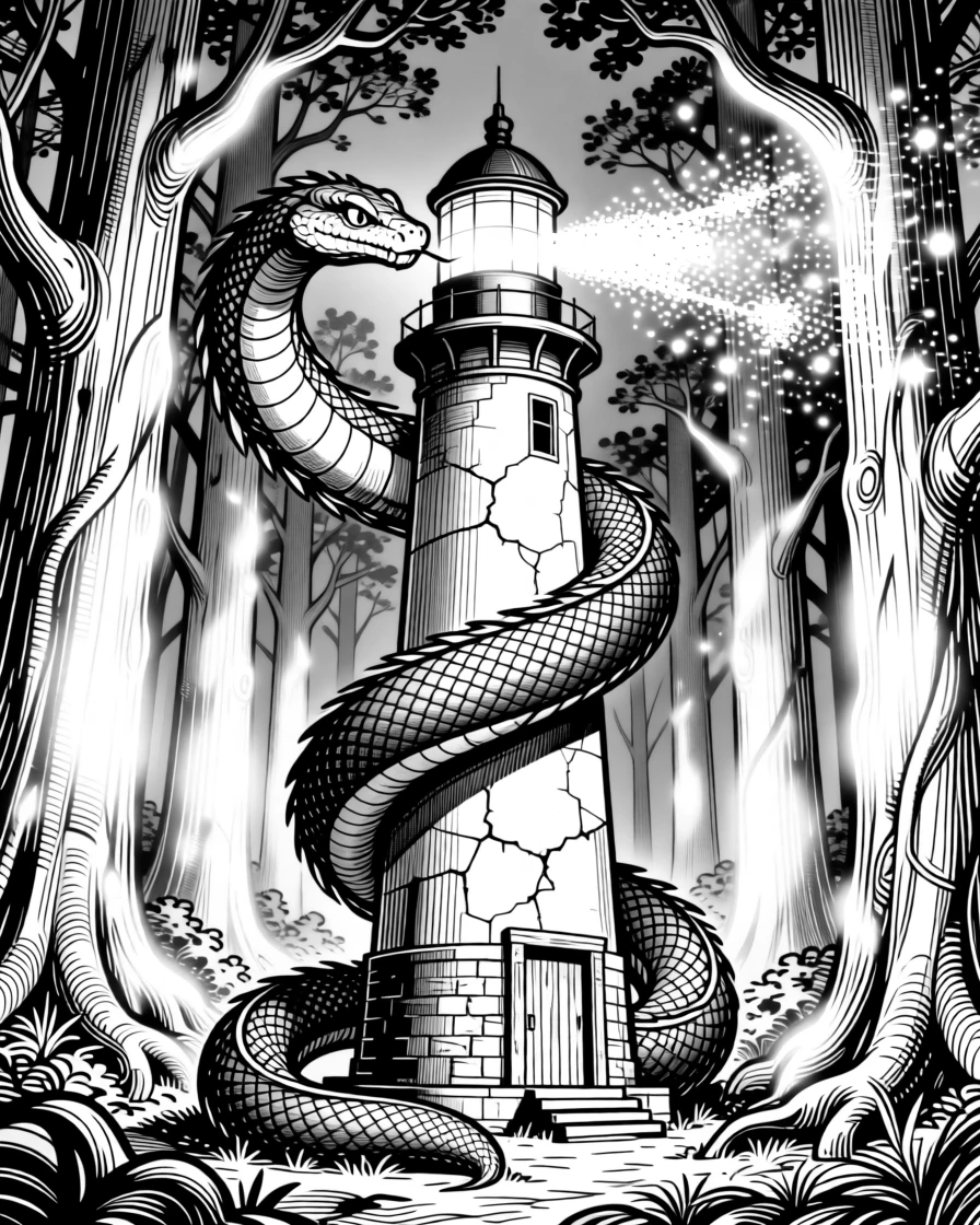 A sea serpent coiling around a lighthouse within a forest of towering luminous trees, with a trail of glimmering dust in the air, forming a quietly wondrous fantasy scene.