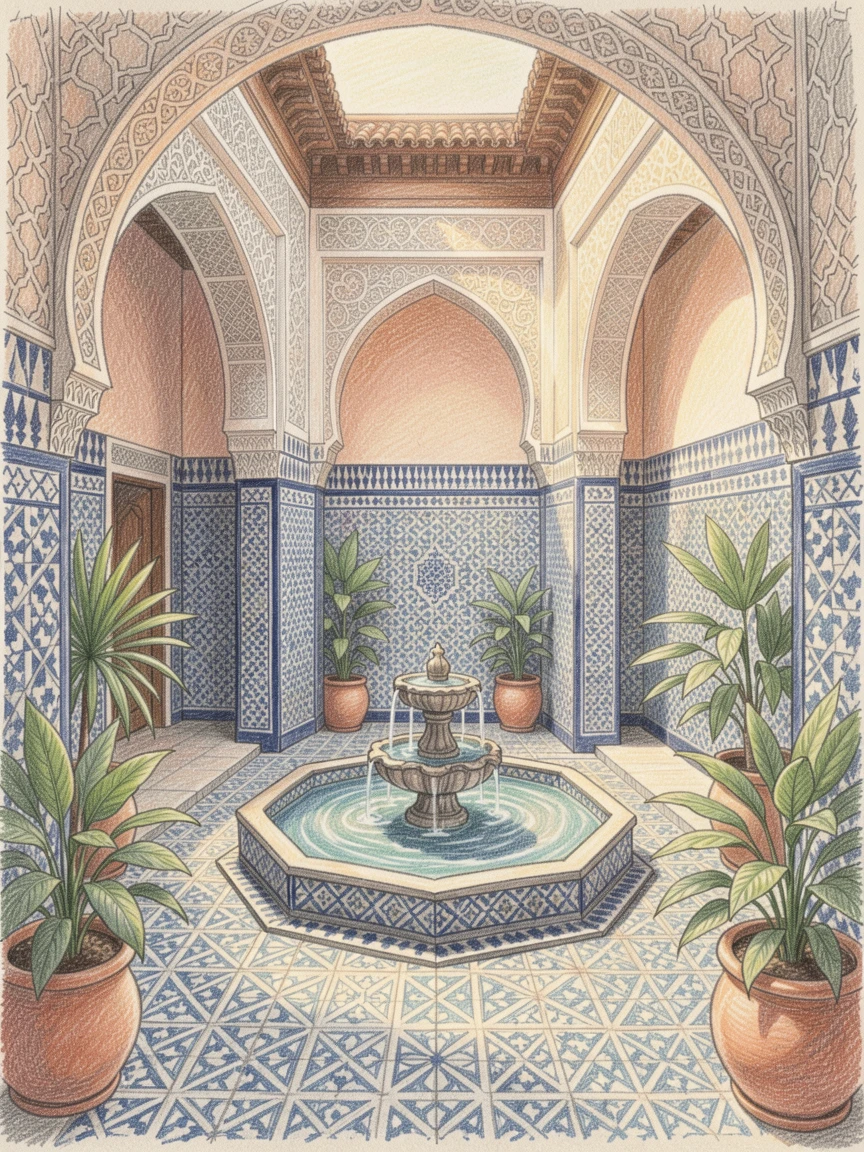 A Moroccan riad courtyard with blue tiles and a trickling fountain, set against a softly lit, atmospheric backdrop, perfect for anyone drawn to gentle, heartfelt imagery.