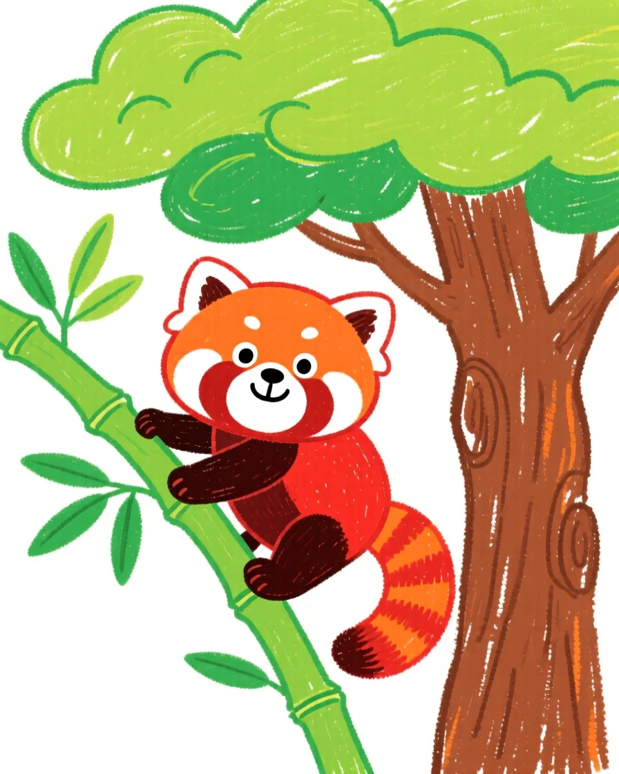 A red panda climbing a bamboo branch under a wide acacia tree.