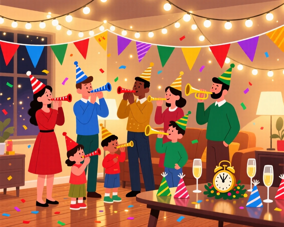 A cozy New Year's Eve gathering with party hats and noisemakers, decorated with warm string lights and colorful banners, arranged with cheerful details filling every corner, with warm twinkling lights adding a magical sparkle.