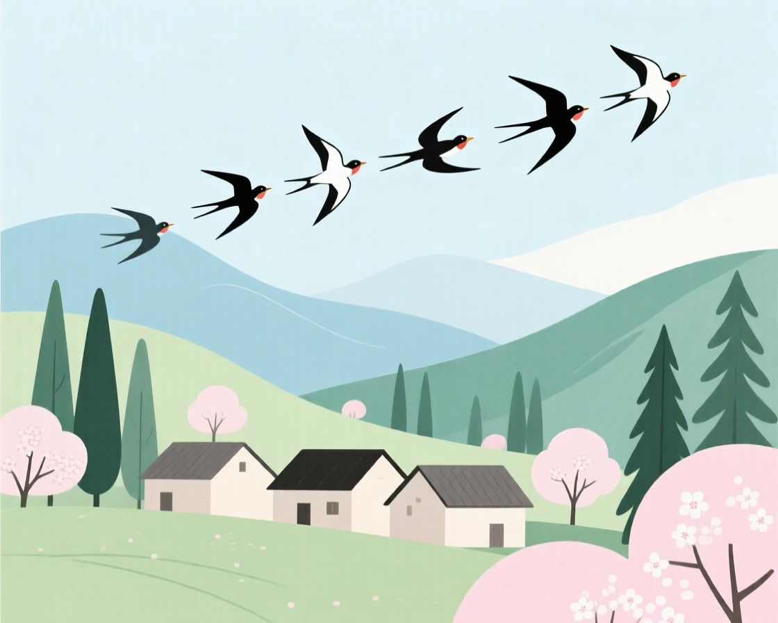 A spring scene of birds migrating in a mountain village.