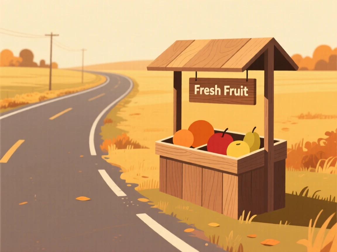 A quiet countryside road, transformed by golden autumn light, with a wooden fruit stand scattered throughout, captures quiet transformation.