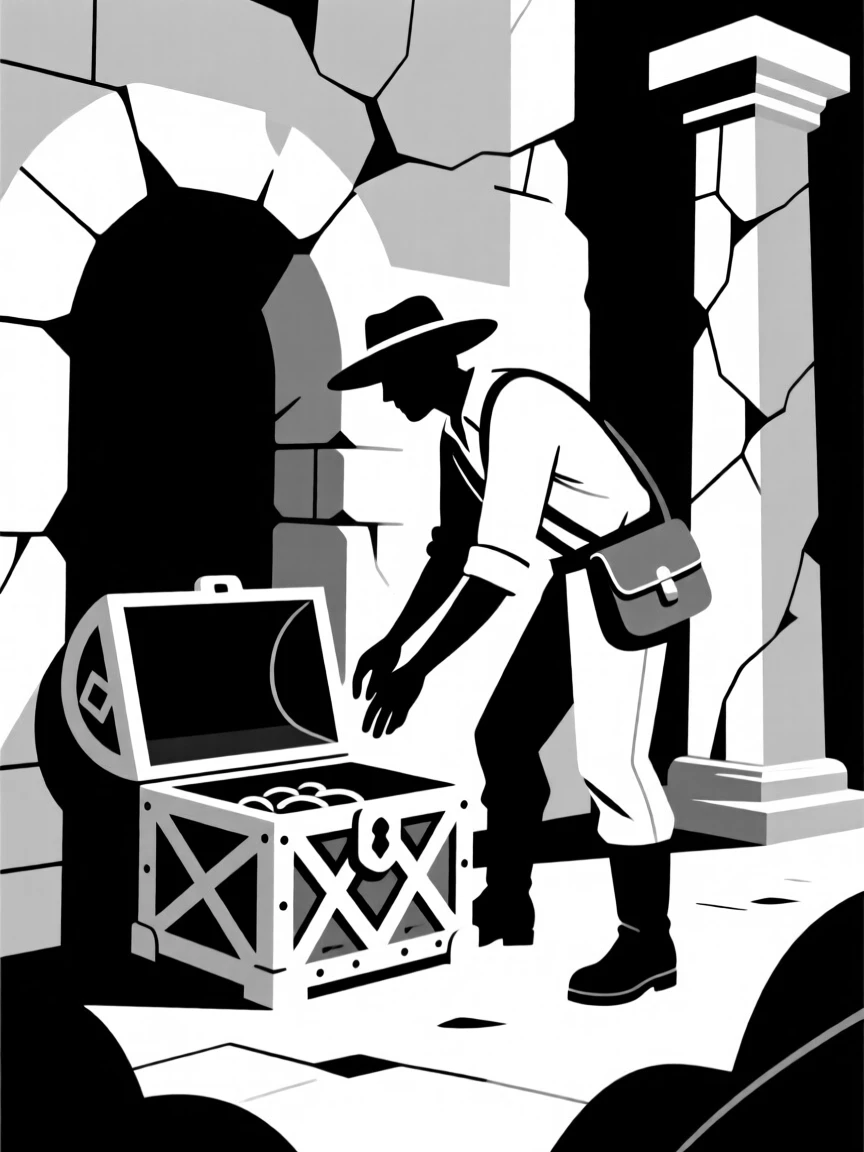 A treasure hunter uncovering a hidden chest in an ancient ruin.
