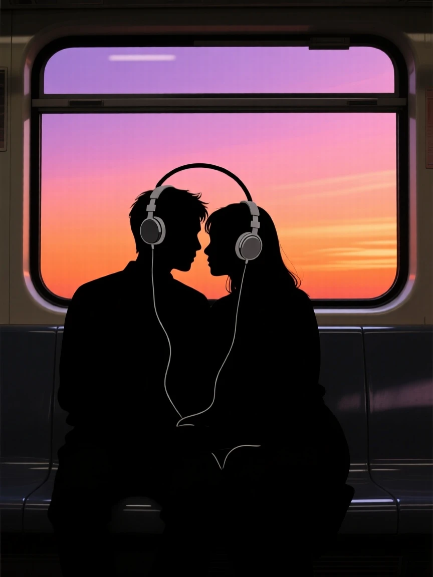 A couple sharing a single set of headphones on a long train ride.