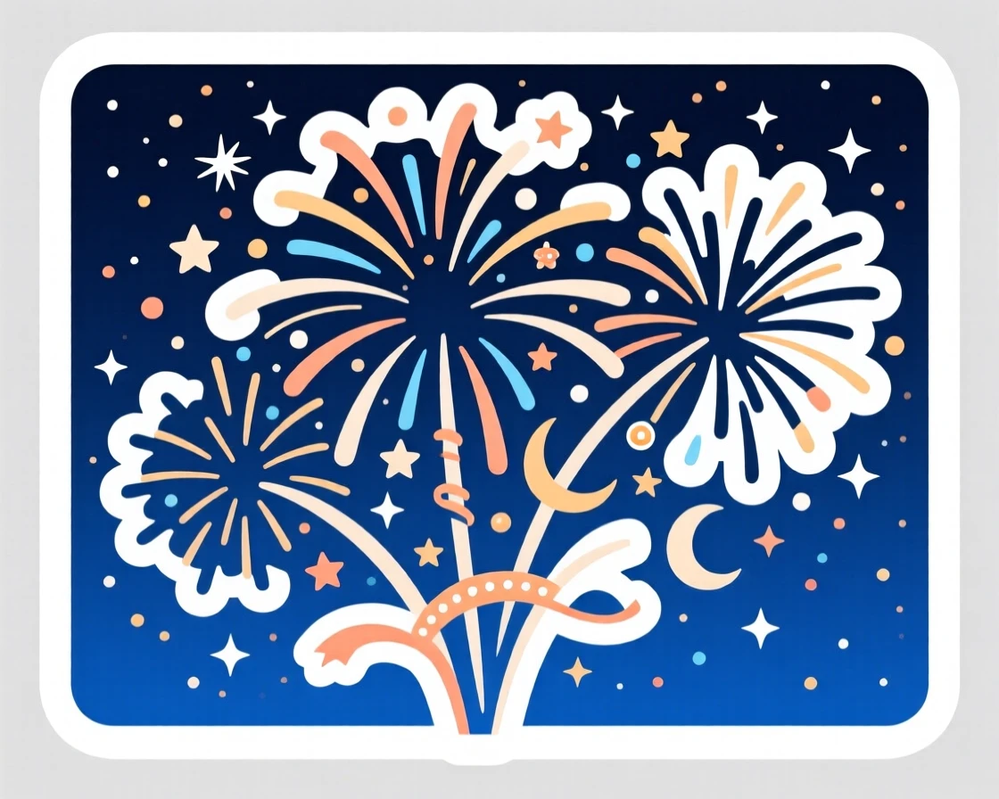 A festive and joyful fireworks bursting over a summer night sky, decorated with ribbons and small ornaments, under a sky full of stars on a special night.