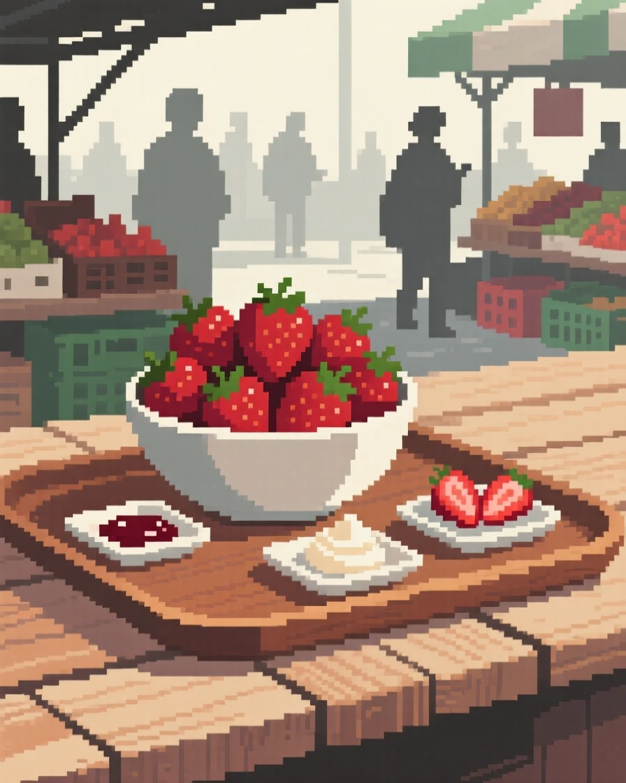 A bowl of fresh strawberries served on a tray with tiny side dishes, at a market stall on a busy morning.