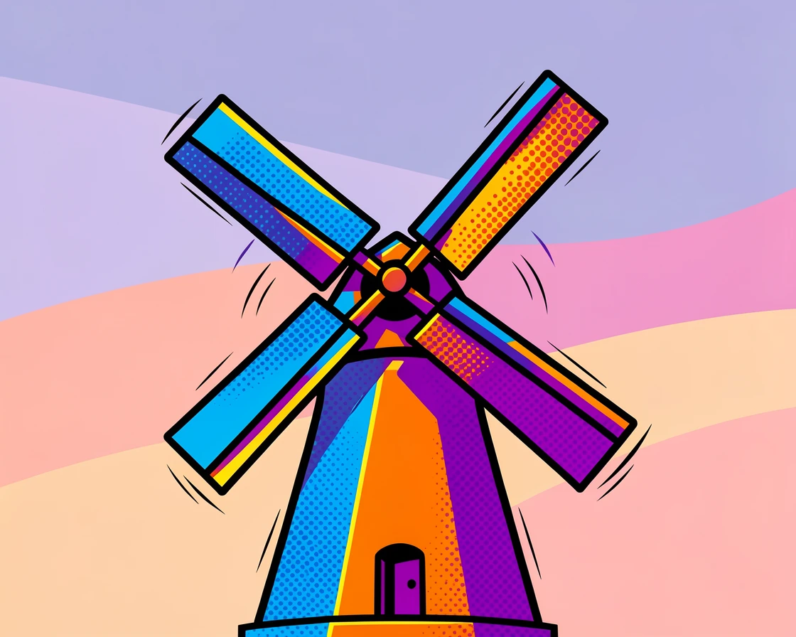 A windmill turning slowly against a soft evening sky