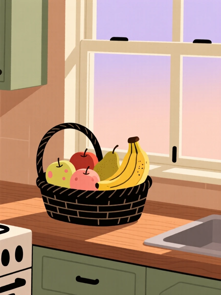 A kitchen counter holds a simple arrangement of ripe fruit in a woven basket, lit softly by late afternoon light beside a open window.
