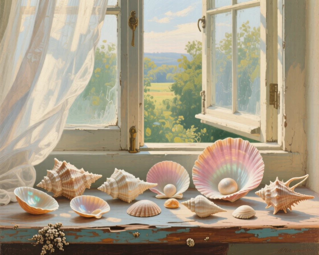 A well-framed scene of a collection of seashells arranged on a windowsill, in a soft summer breeze, in the 1930s.