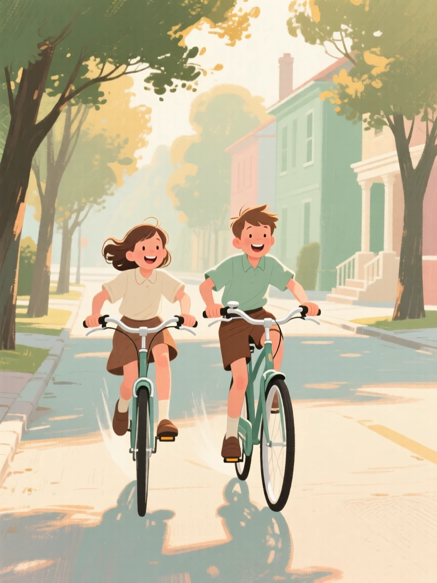Siblings racing bicycles down a quiet tree-lined street