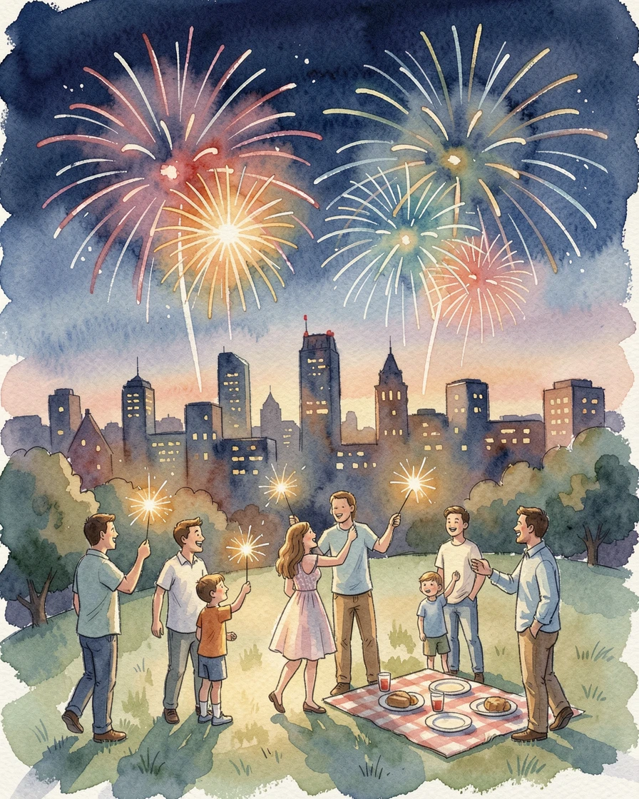 Fireworks bursting over a summer night skyline surrounded by joyful family and friends.
