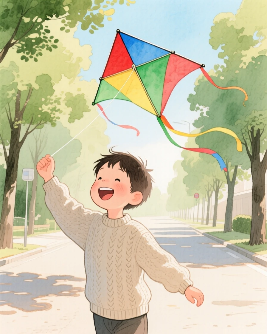 A boy in a knitted sweater flies a colorful kite on a tree-lined street, laughter and joy filling the warm afternoon air