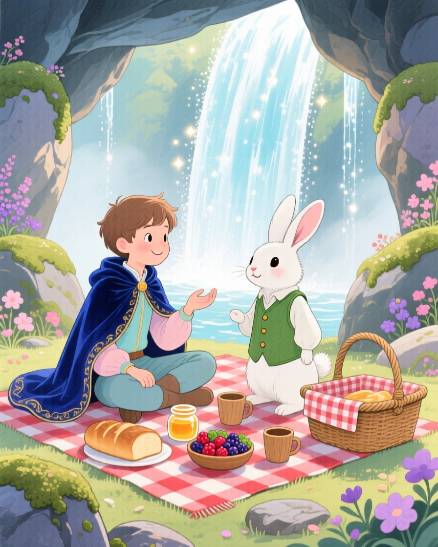 A young prince in a velvet cloak sharing a picnic with a talking rabbit in a tiny vest inside a sparkling waterfall grotto.