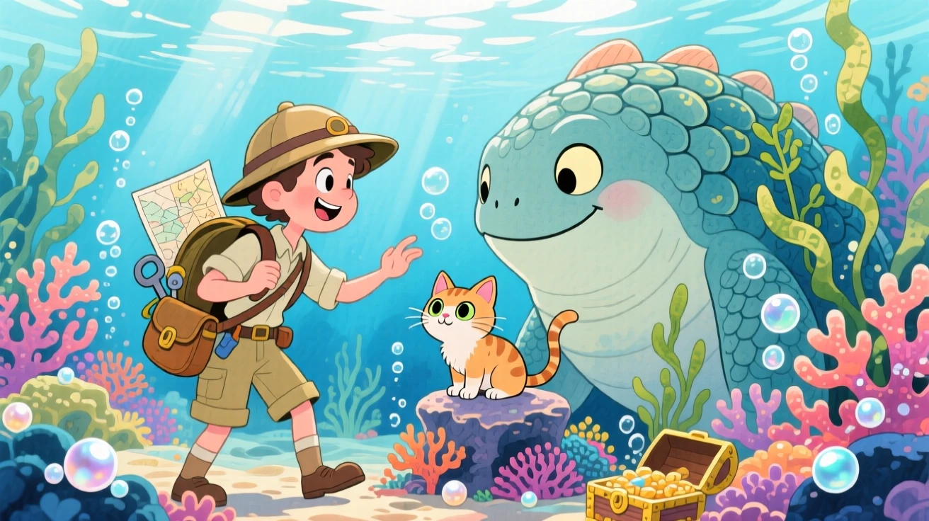 A treasure-hunting explorer battling gently with a friendly giant for a lost kitten, in an underwater kingdom of coral and pearl, brimming with enchantment and discovery.