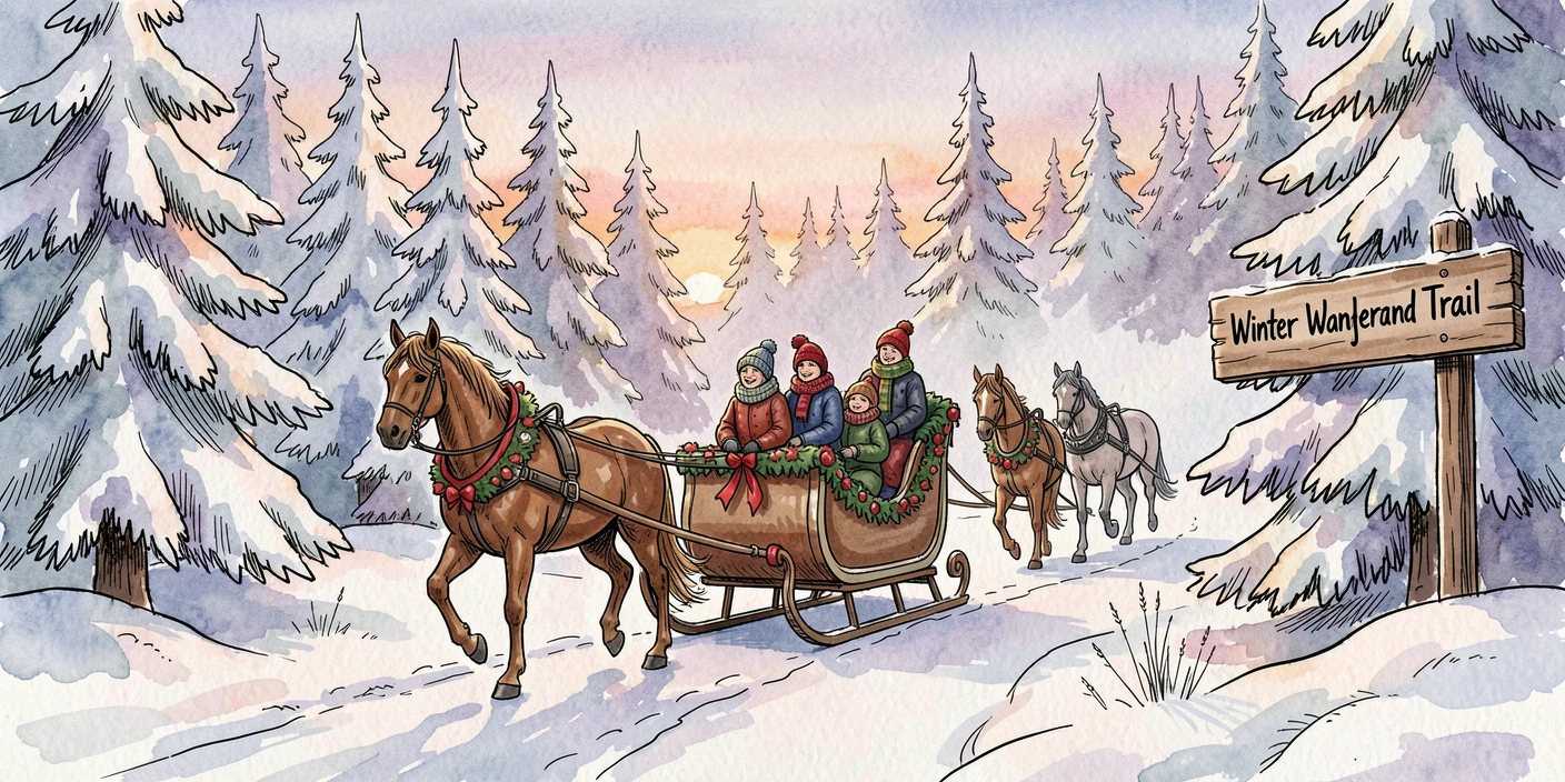 A winter sleigh ride through a snow-covered forest at dusk, the mood cozy, joyful, and full of seasonal spirit.
