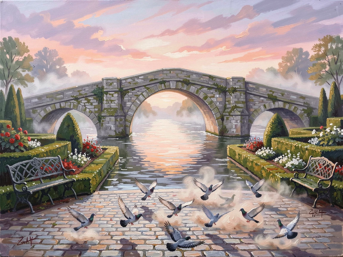 At sunrise, mist clinging to its ancient stones, a medieval stone bridge arching over a river, framed by manicured formal gardens, a flock of pigeons scattering across the plaza.