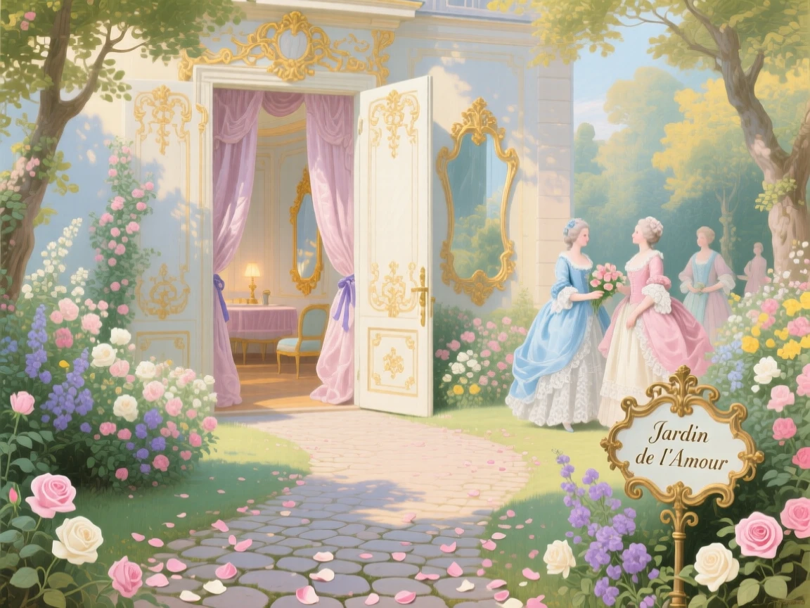 A garden path scattered with petals leading toward an open palace door  