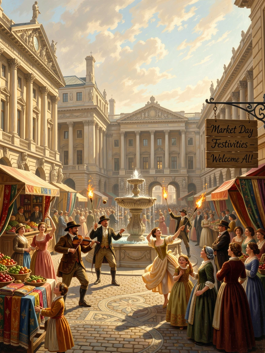 A grand city square fills with merchants and performers at midday.
