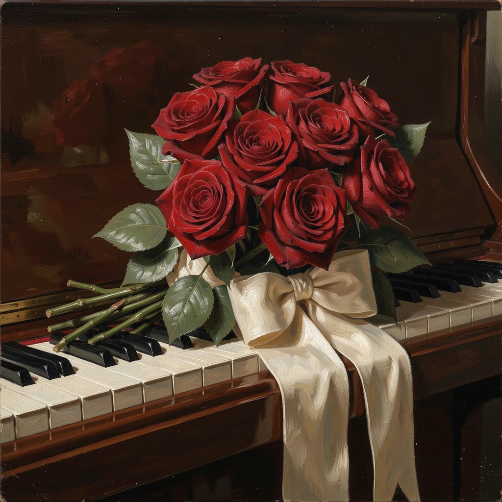 A bouquet of red roses tied with ribbon resting on a piano bench, arranged with careful, deliberate elegance, evoking elegance, refinement, and quiet luxury