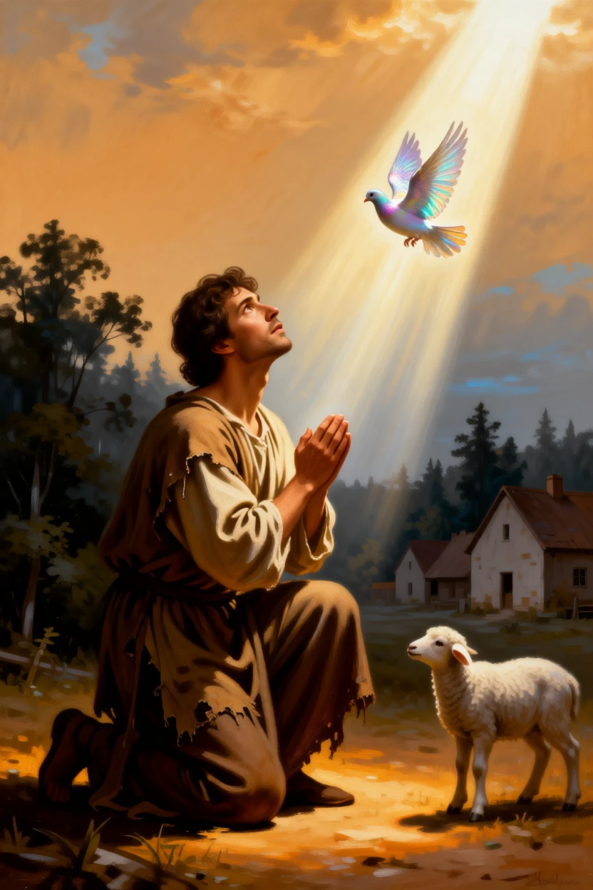 A shepherd kneeling in wonder before a radiant celestial light in an instant of grace touching the ordinary world, set within a humble village at the edge of a quiet forest, with a single dove or beam of light marking the sacred moment; quiet, uncluttered space allows the emotional core room to breathe, filled with serenity and the quiet dignity of devotion.
