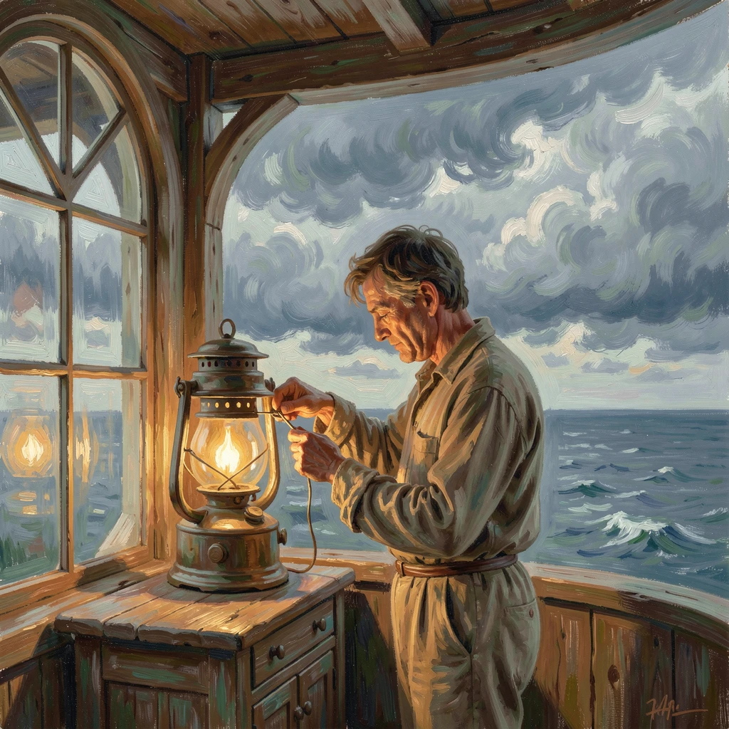 An old lighthouse keeper trimming the lamp wick as a storm gathers on the horizon, conveying a feeling of romance and tranquility.