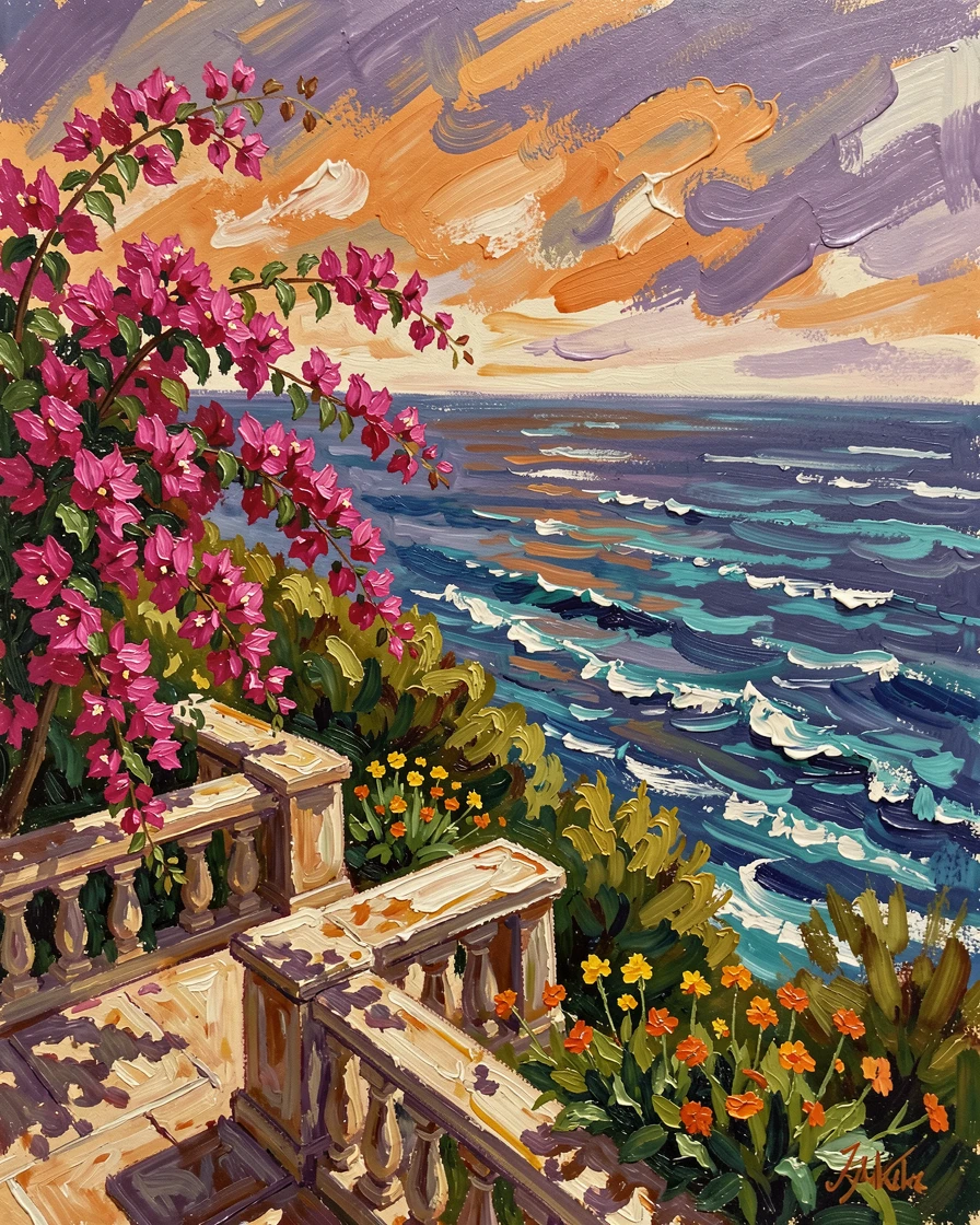 A hillside terrace garden overlooking the sea, bougainvillea spilling over the railings.