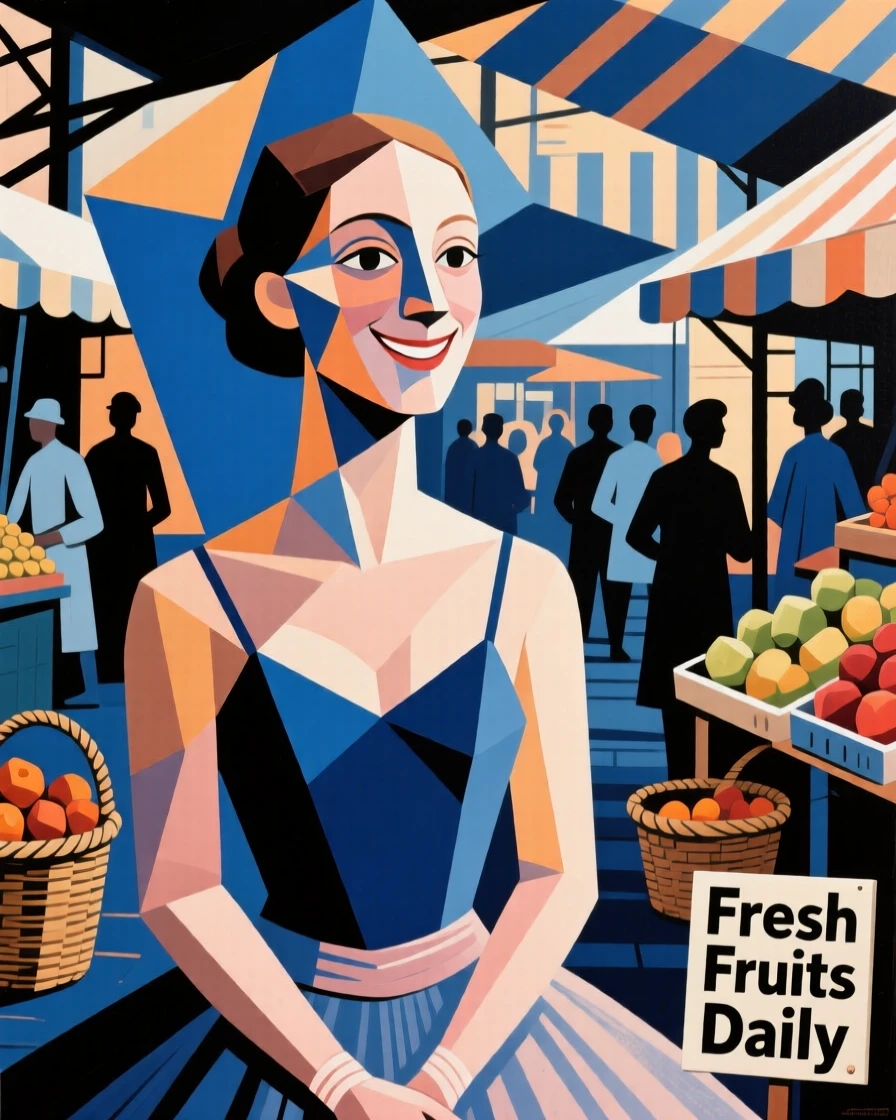A tender close-up study of a ballet dancer smiling gently amid the quiet hum of a busy market.