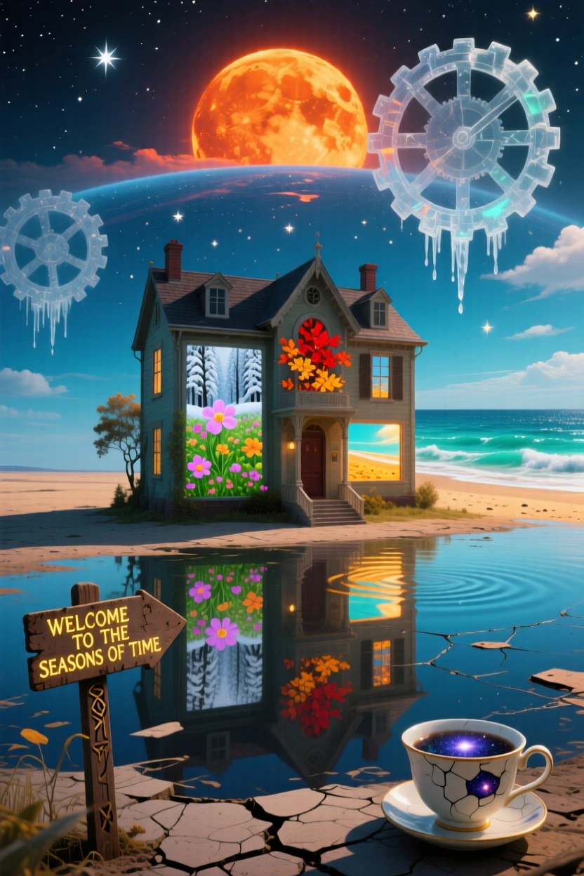 A house whose windows open onto different seasons casts no shadow despite the low afternoon sun, while its reflection ripples across a sky full of water.