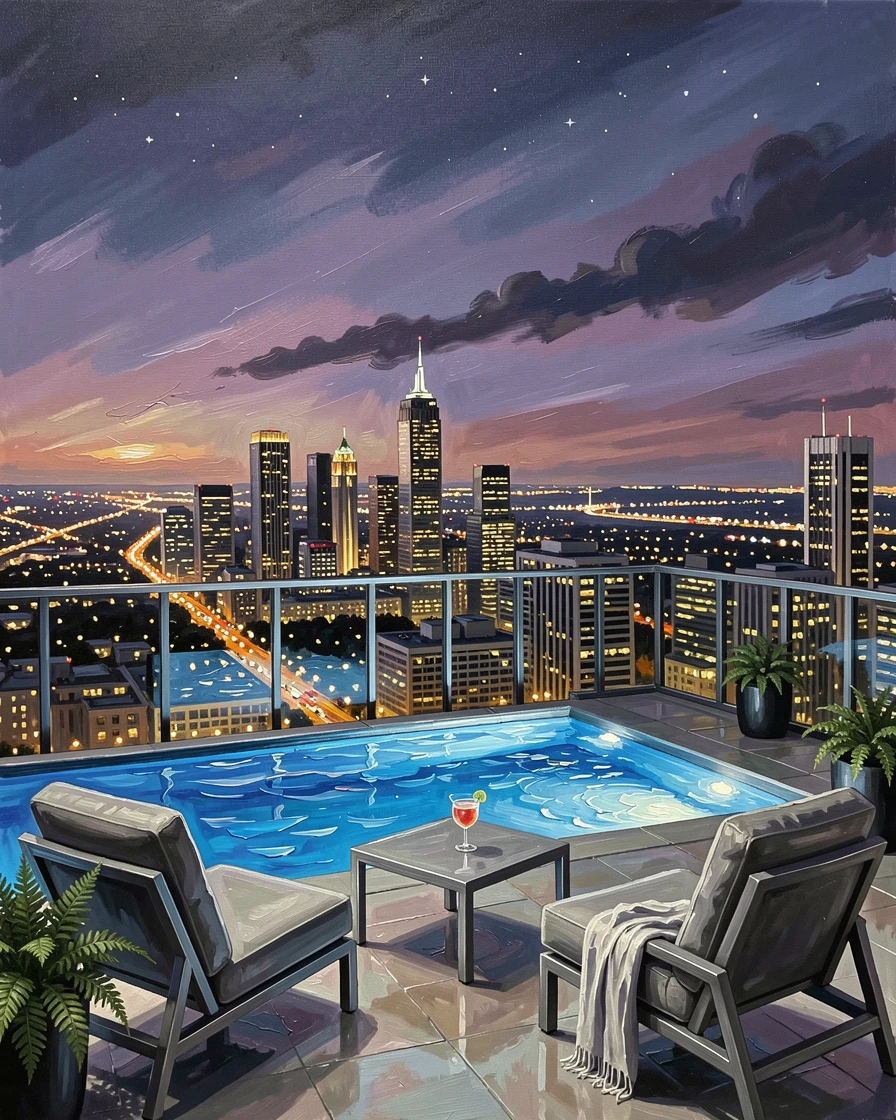 A sleek penthouse terrace overlooks a glittering city skyline at night, a small infinity pool glowing blue beside modern outdoor furniture, the composition balancing grand scale with intimate, human-sized details throughout the frame.