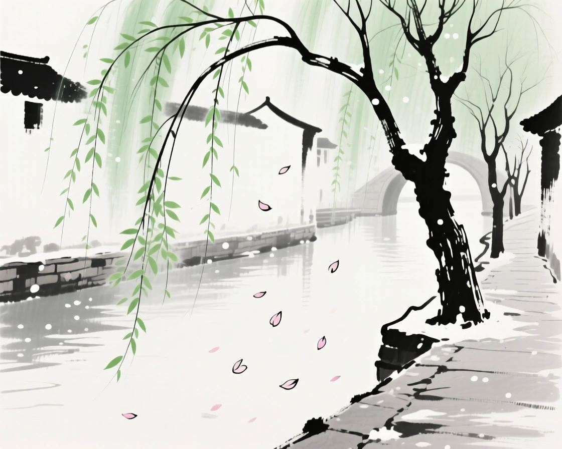 Willow branches sway with fresh green leaves along a canal, as petals drift like snow across the path.