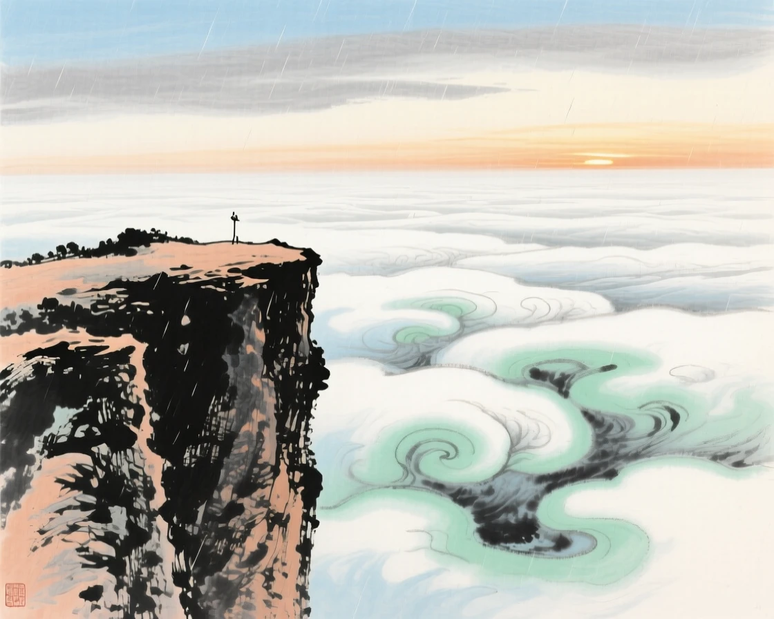 A cliffside overlook facing an endless sea of clouds, in the last golden light of day, beneath a sky washed clean by rain, in the mild days of early winter.