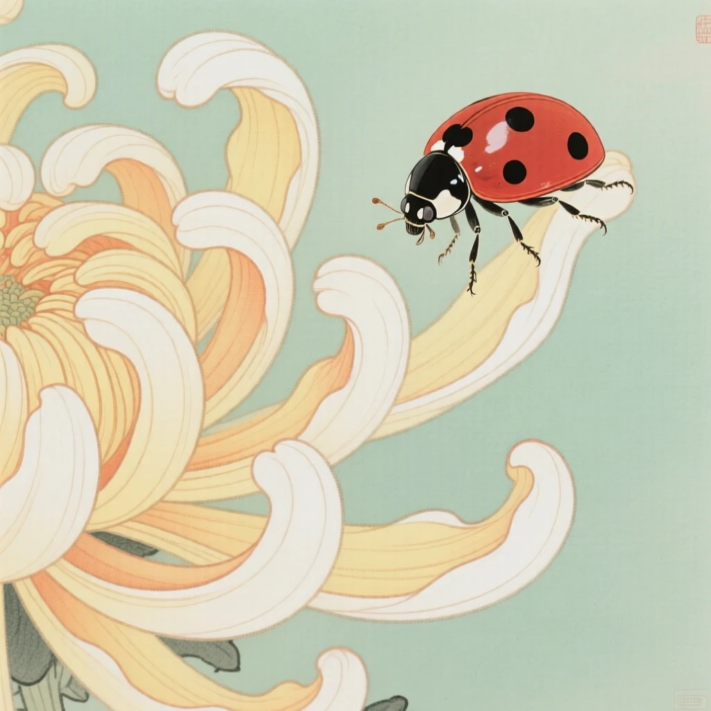 A ladybird beetle on the edge of a chrysanthemum bloom