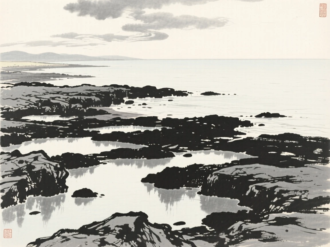 A tide pool coastline exposed at low water beneath a canopy of drifting cloud banks, viewed from a high vantage point looking down across the whole scene, suggesting the quiet vastness of the natural world.